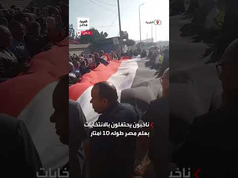 ناخبون يحتفلون أمام إحدى لجان الانتخابات في المحلة بعلم مصر بطول 10 أمتار