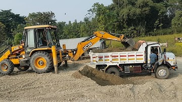 JCB Backhoe Loading Gravel in Dump Truck and Tractor - JCB 3DX Machine Working on Crusher