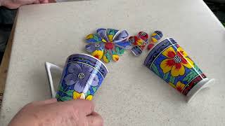 PICASSIETTE FUN 4: Cut petals from cups for 3D mosaics  Learning to chop up crockery for  mosaics