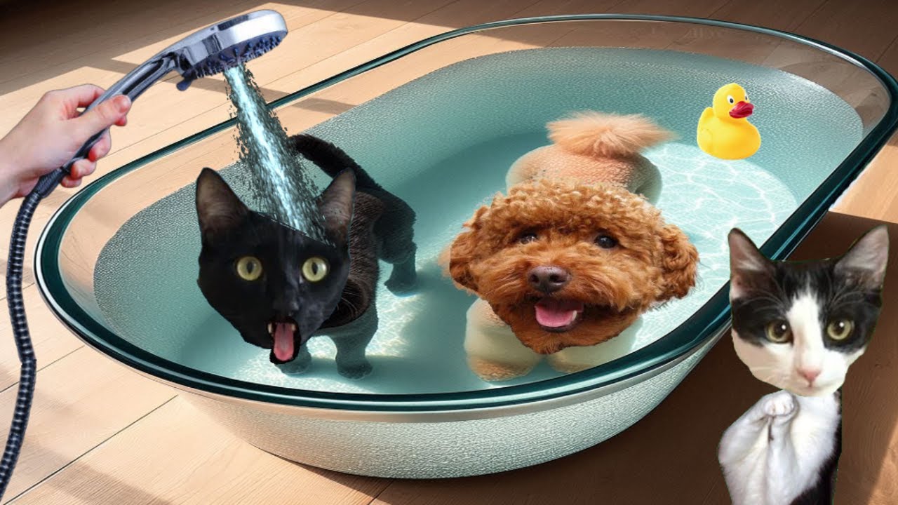 INTENTANDO BAÑAR A MI GATO Y MI PERRO EN EL BAÑO DE CASA Videos de gatos graciosos Luna y Estrella