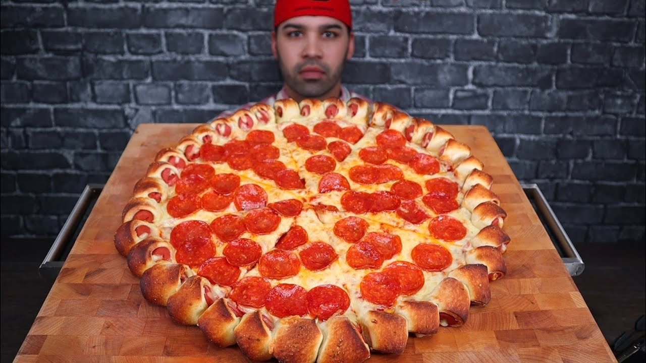 (ASMR) HOT DOG STUFF CRUST PEPPERONI & CHEESE PIZZA MIKBANG