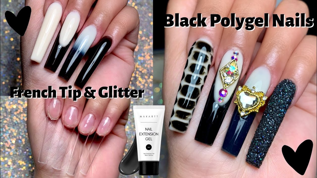 BLACK POLYGEL NAILS 🖤 HOW TO FRENCH TIP & GLITTER POLYGEL NAILS | NAIL ...