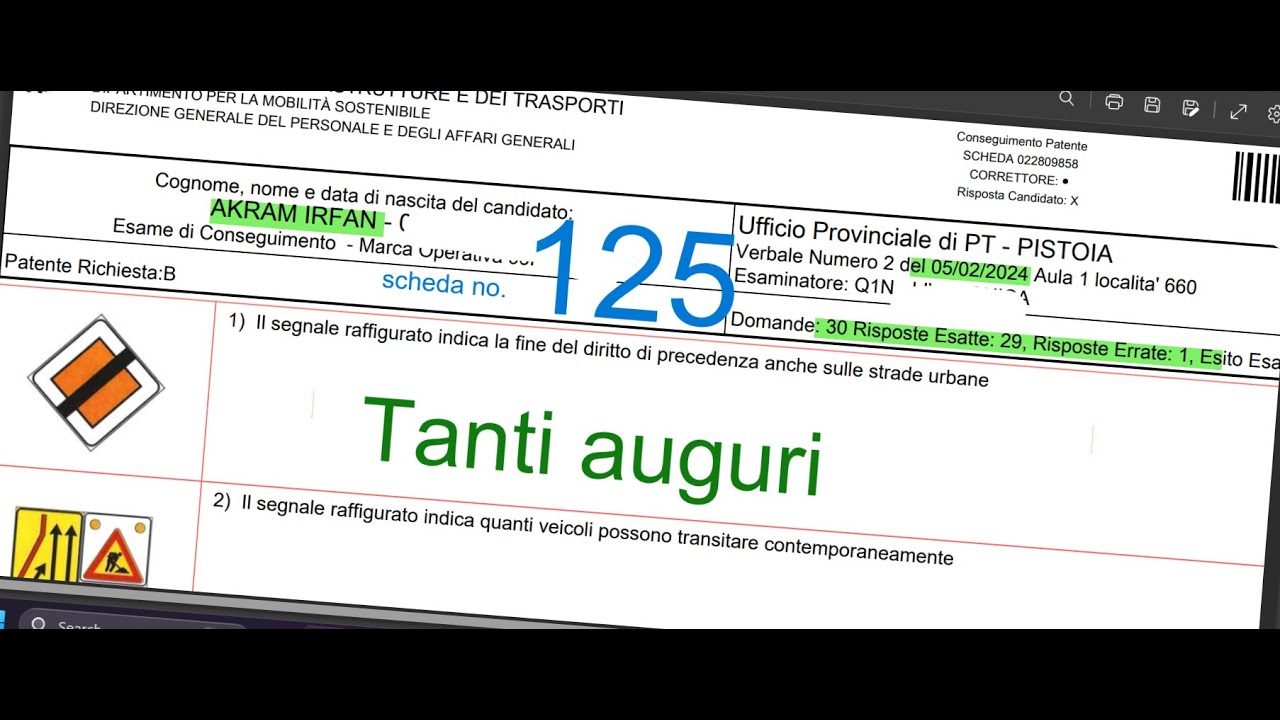 SCHEDA ESAME Patente B superato con 1errore  di AKRAM IRFAN  no. 125