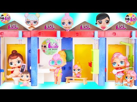 LOL Surprise Dolls in Pool Playmobil Changing Room Haul + Lil Sisters - Toy Mystery Fizzy Bomb Video