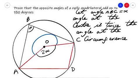Proof that the opposite angles of a cyclic quadrilateral add up to 180 degrees