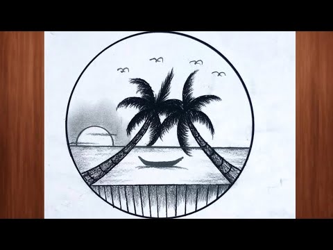 How to draw Beautiful Palm tree Pencil drawing with sunset||Beautiful