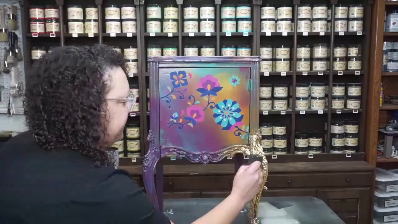 Dixie Belle Paint "Latin Floral Transfer" on a Boho French Nightstand