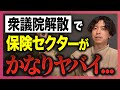 衆議院解散で保険株がかなりやばいです。逆に食料品減税で伸びる銘柄についても解説します。