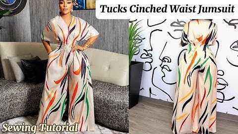 How to Cut and Sew a Tucks Cinched Waist Palazzo Jumpsuit with no Half cut. Free Hand Tutorial