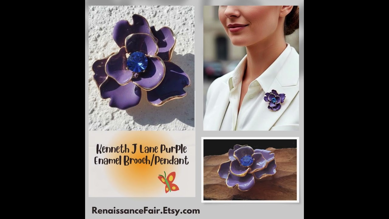 Vintage KENNETH JAY LANE Purple Enamel Flower Brooch/Pendant, Blue Rhinestone Center 