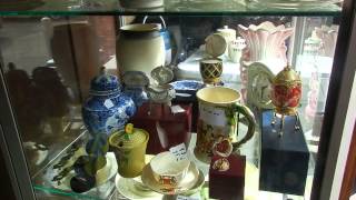 Display cabinet A few of our items available, including Robert peel Musical items, Bendigo Pottery creamware set of 4 dinner service. Tea service,