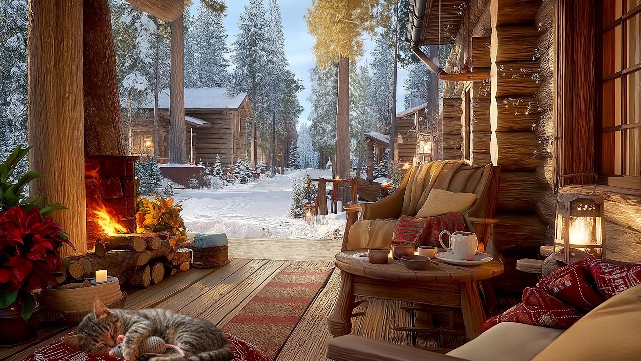 Peaceful Winter Wooden Porch | Cozy Winter House & Soft Piano Ambience