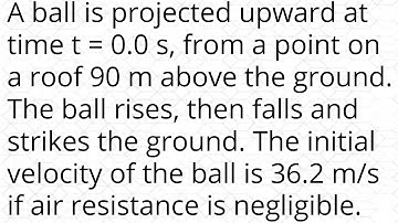 A ball is projected upward at time t = 0.0 s, from a point on a roof 90 m above the ground. The ball