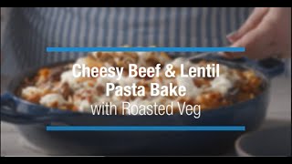 Cheesy Beef \& Lentil Pasta Bake with Roasted Veg recipe