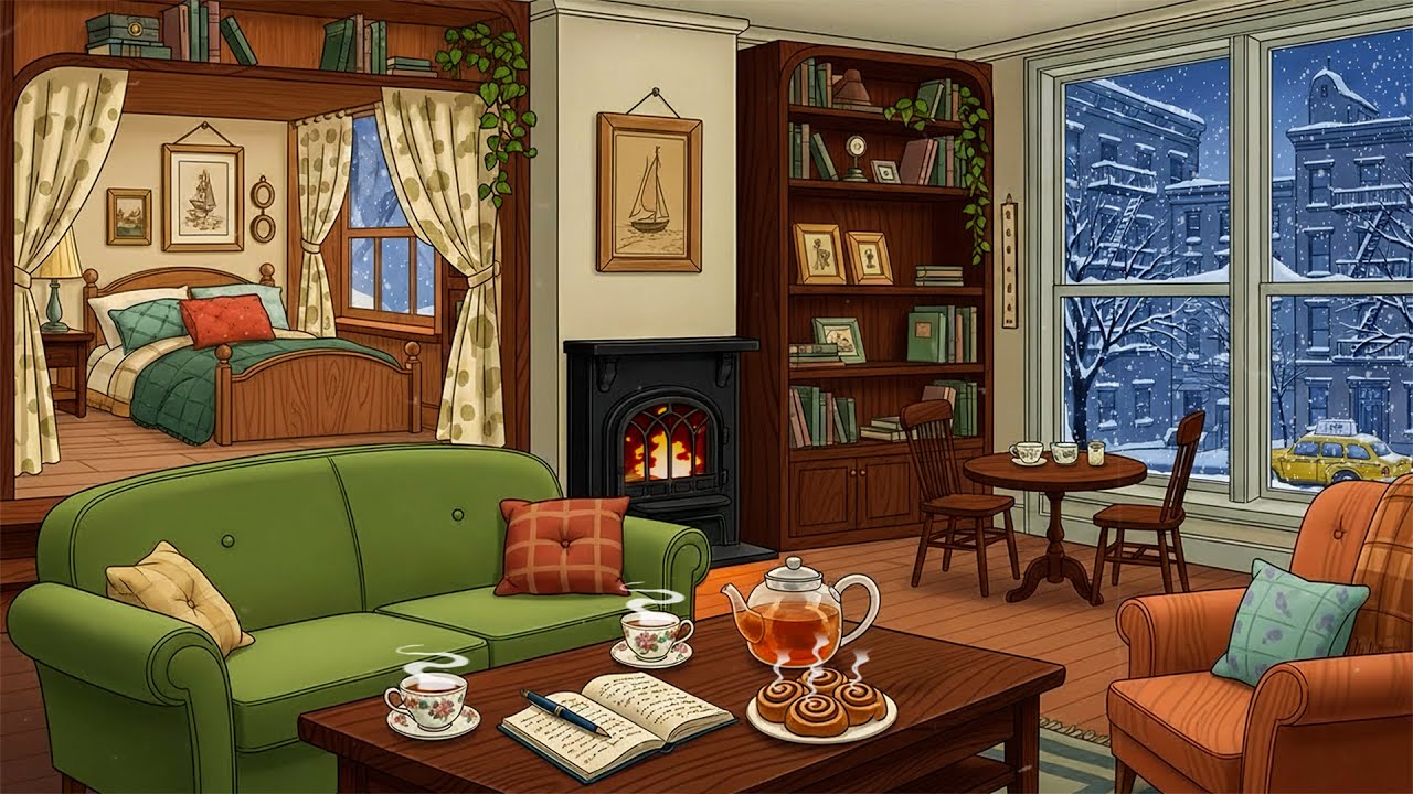 Calm Snowfall in New York City in a Cozy Apartment with Soft Vintage Oldies in Another Room