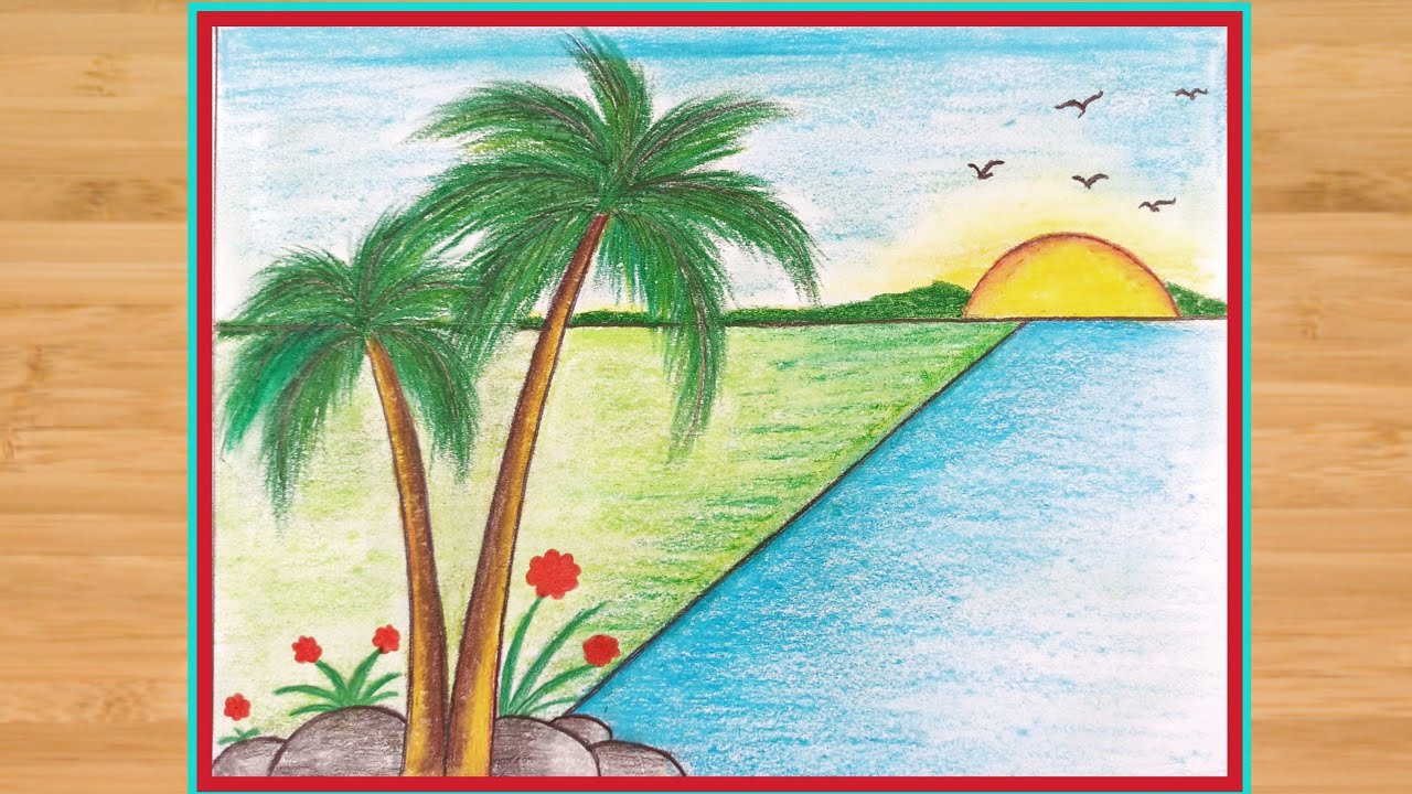 Easy Sunset Scenery Drawing || How to draw easy scenery step by step ...
