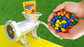 Big M&amp;M Candy eruption from holes, Crushing soft and hard things with Grinder