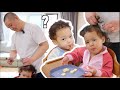 Korean husband tries to style his twin toddlers curly hairafro hair