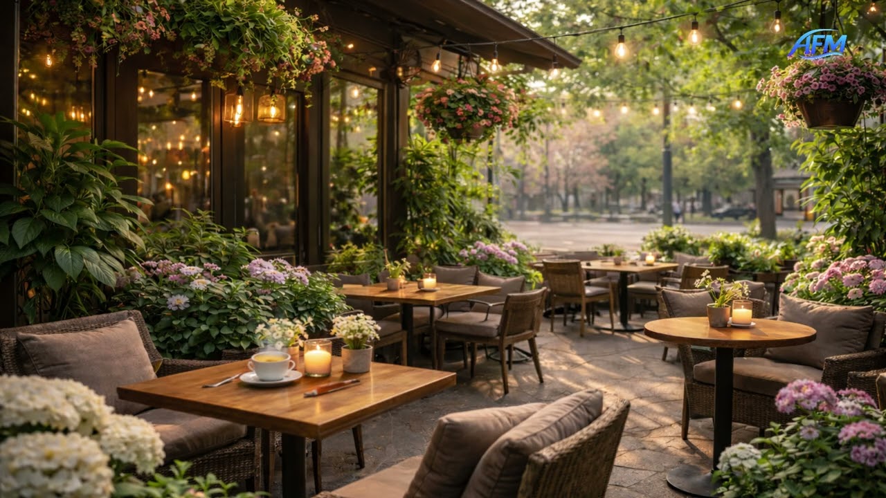 Cozy Garden Café Ambience | Soft Jazz & Warm Evening Lights
