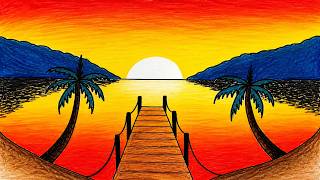 Easy Scenery Drawing | How To Draw Sunset Scenery in the Sea Beach _ Oil Pastel Drawing