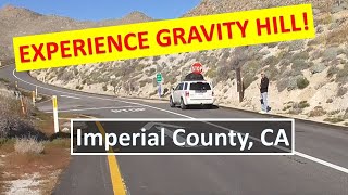 GRAVITY HILL where cars roll uphill by ghostly spirits; Imperial County, Southern California