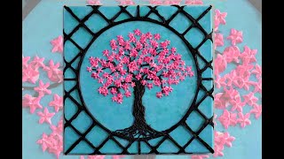 Cherryblossom and chinese framewoork inspired abstract painting