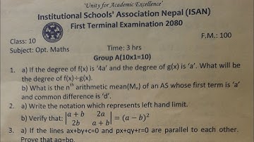 Latest Opt.Math  Question for SEE,1st Terminal Exam 2080, ISAN,Bhaktapur