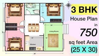 3 Bhk House Plan In 750 Sq Feet 25 X 30