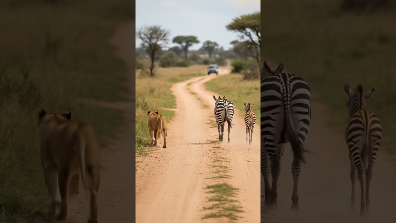 Standoff on the Safari Road: Lioness vs. Zebras! 