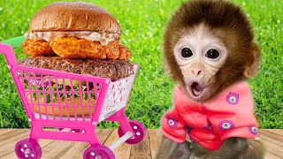 Monkey Baby Bibo And Puppy Eat Mini Hamburger And Play With Duckling