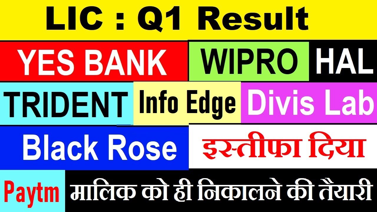 LIC Q1 Result⚫ YES BANK⚫ WIPRO⚫ TRIDENT⚫ PAYTM⚫ INFO EDGE⚫ DIVIS LAB⚫ BLACK ROSE⚫HAL⚫ LIC SHARE SMKC