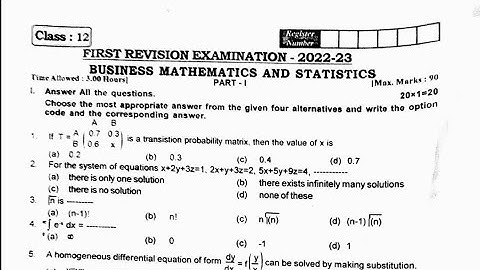 TN 12th Std Business Maths First Revision Original Question paper Chennai District 2022-2023