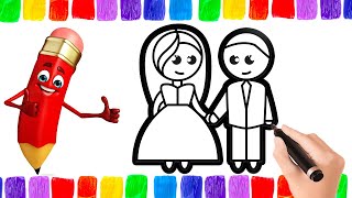 How To Draw Wedding Bride And Groom Coloring Page  Gambar Pernikahan Menggambar