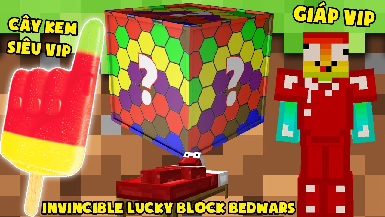 MINI GAME : INVINCIBLE LUCKY BLOCK BEDWARS ** CÂY KEM CẦU VỒNG SIÊU VIP CỦA NOOB ??