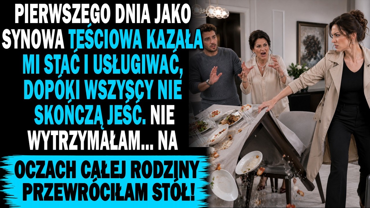 Weszłam do domu mojego męża wyczerpana po pracy, a teściowa uderzyła pałeczkami o stół. „Kto ci pozwolił siadać?” – syknęła. „Od dzisiaj masz stać i usługiwać całej rodzinie. Zjesz resztki, gdy my...