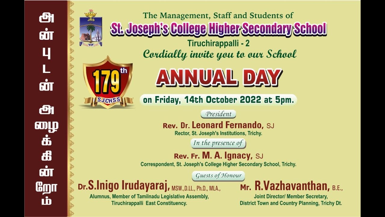 St.Joseph's College Hr Sec.School | 179th Annual day | 14.10.2022 | @5.30  pm - YouTube