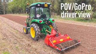 POV/GoPro/driver view - příprava půdy s John Deere 3038R a půdní frézou Dabaki 120cm