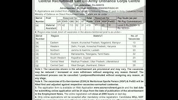 Various Vacancies of Material Assistant in Army Ordnance Corps Centre...
