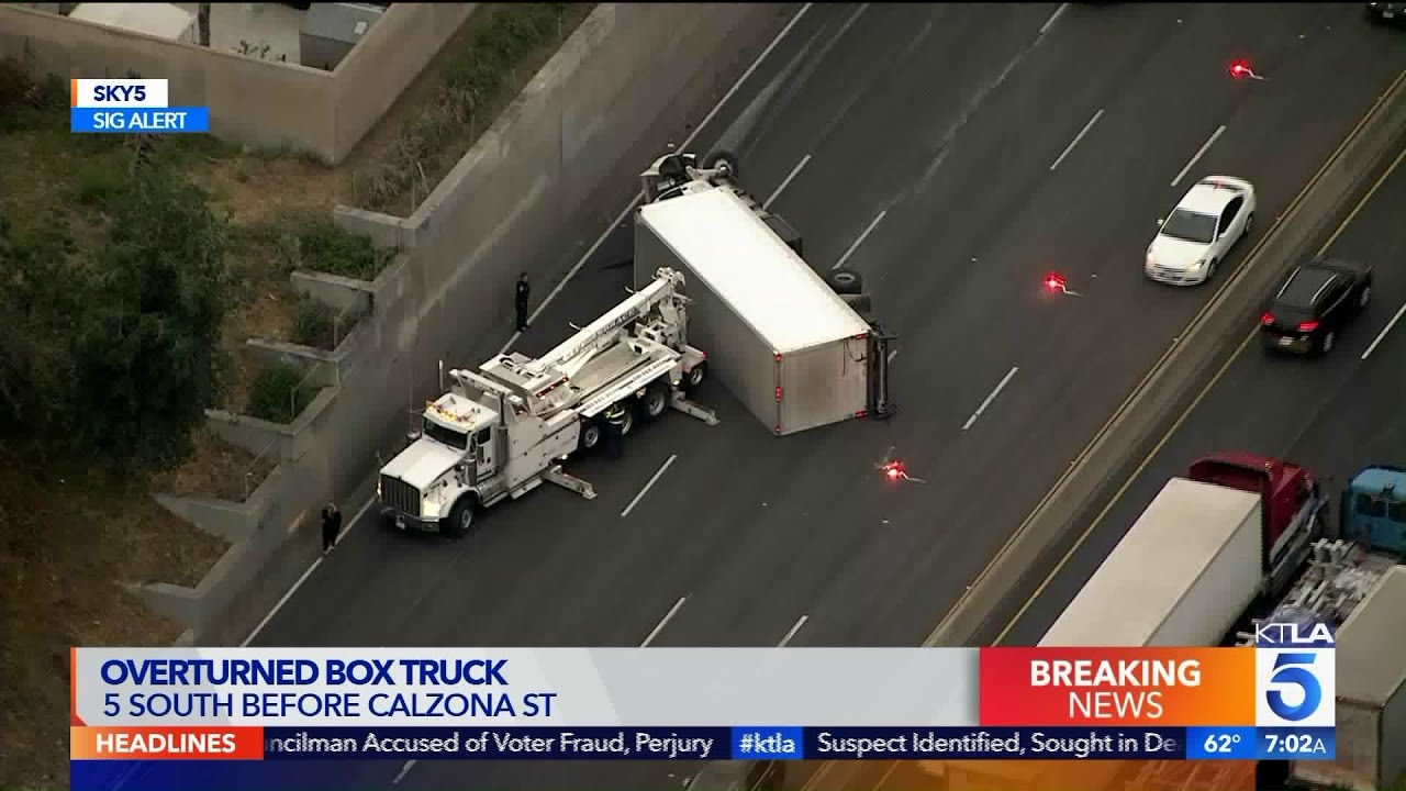 Traffic Snarled After Box Truck Overturns on 5 Freeway - YouTube