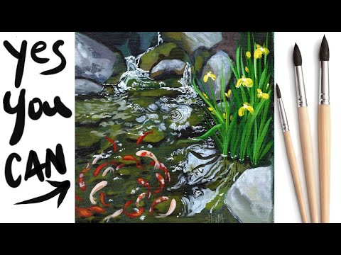 KOI POND WATERFALL Beginners Learn to paint Acrylic Tutorial Step by Step Day  13 #AcrylicApril2021