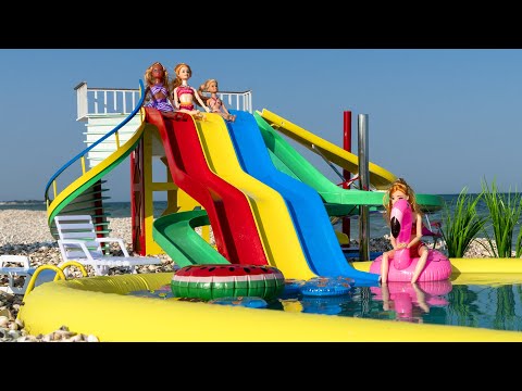 elsa-and-anna-swimming-pool-fun-~-water-park,water-slide-for-barbie-dolls-first-person-shooter!