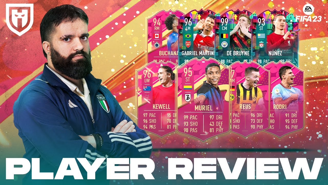 MURIEL 95 RODRI 93 REUS 97 BUCHANAN 94 KEWELL 96 FUTTIES NUNEZ 93 DE BRUYNE 99 MARTINELLI 96 FIFA 23