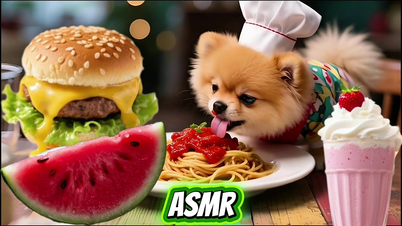 ASMR Мукбанг 🐶 Милый щенок ест спагетти, клубничный молочный коктейль, гамбургер, арбуз..