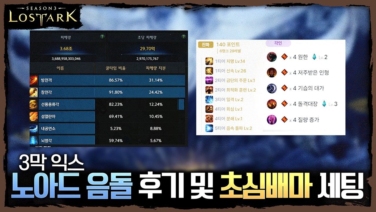 3막 익스 노아드음돌 29.7억(시너지사망) 후기 및 초심 세팅 비교 - 포셔의 로스트아크 설명회