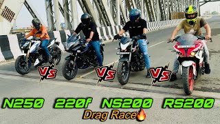 All NEW 2024 BAJAJ PULSAR N250 vs NS200 vs RS200 vs 220F | QUAD BATTLE | Guess the Winner?