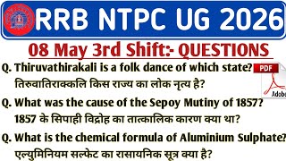 RRB NTPC 8 MAY 3RD SHIFT QUESTION PAPER 2025 | NTPC UNDERGRADUATE 3RD SHIFT TODAY