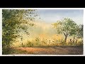 Watercolor Landscape Painting - Countryside Sunset