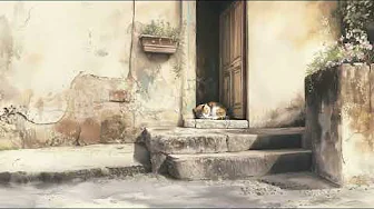 Peaceful Calico Cat Napping on Rustic Doorstep Oil Painting, Village TV Art for Samsung Frame TV