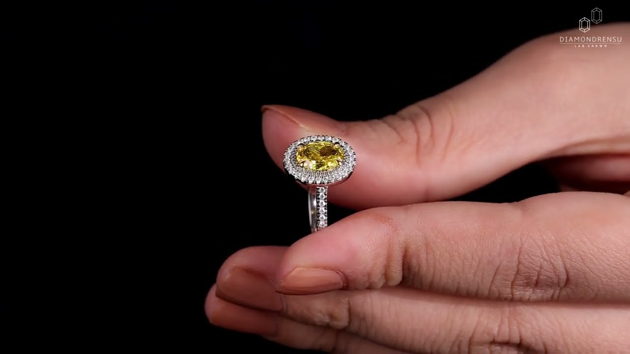 Oval Cut Yellow Lab Grown Diamond Wedding Ring, Lab Created Diamond Halo Engagement Ring