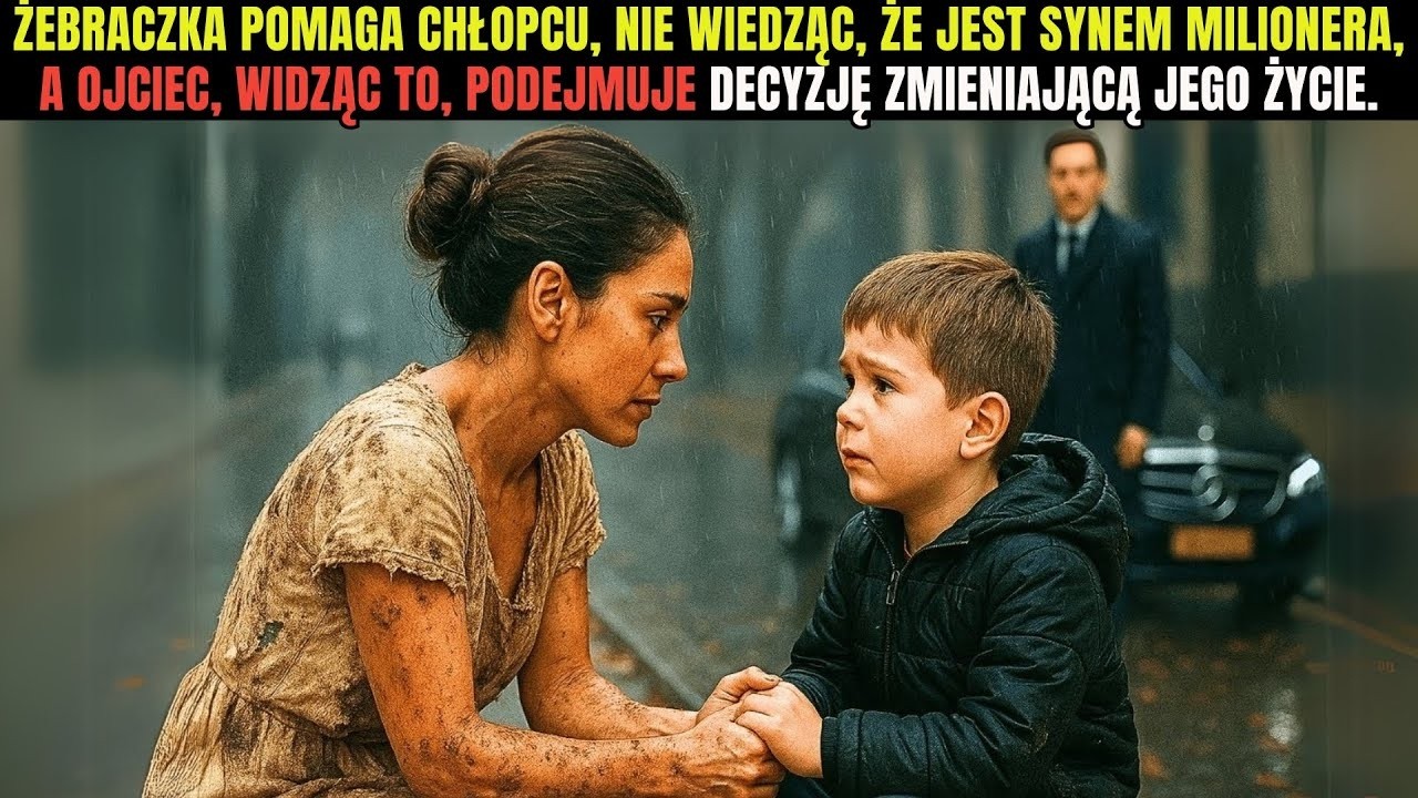 Żebraczka pomaga płaczącemu chłopcu, nie wiedząc, że obok stoi jego ojciec milioner